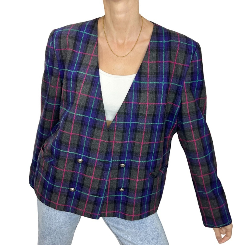 Vintage wool blend boxy purple grey plaid jacket blazer 14